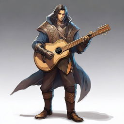 A male human College of Spirits Bard holding a lute that doubles as a firearm