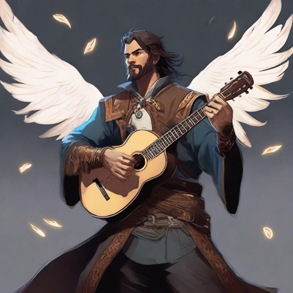 A male human bard with spirits flying around him