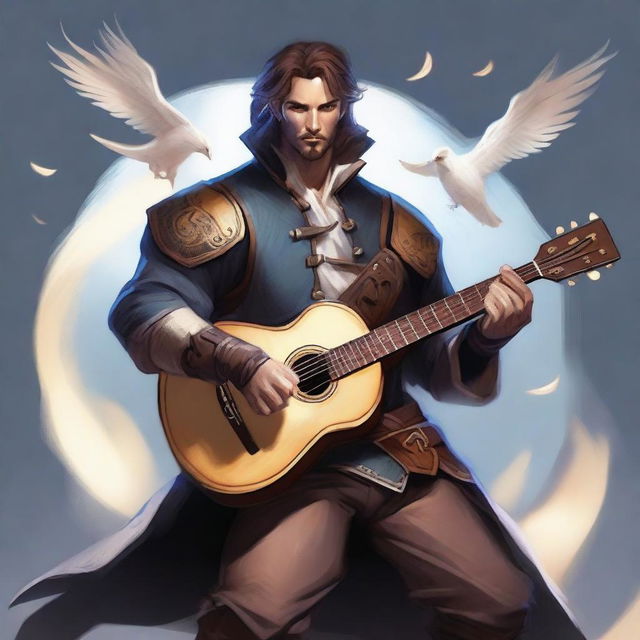 A male human bard with spirits flying around him