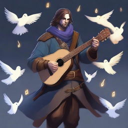 A male human bard with ghosts flying around him