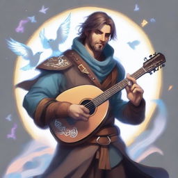 A male human bard with ghosts flying around him