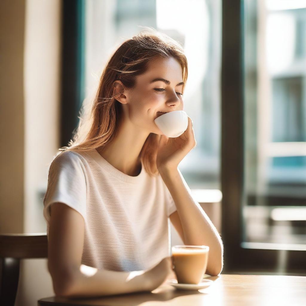 A young woman drinking coffee in a sunny café