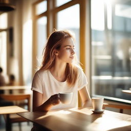 A young woman drinking coffee in a sunny café