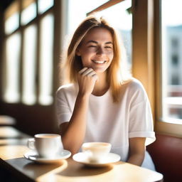 A young woman drinking coffee in a sunny café