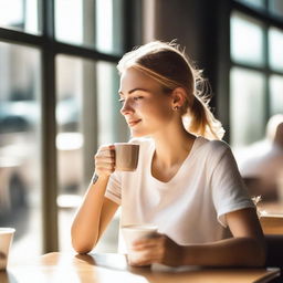 A young woman drinking coffee in a sunny café