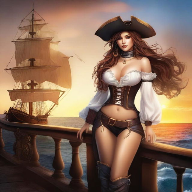 A seductive pirate girl with flowing hair, wearing a revealing pirate outfit, complete with a hat and boots