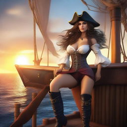 A seductive pirate girl with flowing hair, wearing a revealing pirate outfit, complete with a hat and boots