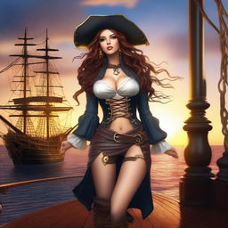 A seductive pirate girl with flowing hair, wearing a revealing pirate outfit, complete with a hat and boots