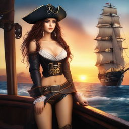 A seductive pirate girl with flowing hair, wearing a revealing pirate outfit, complete with a hat and boots