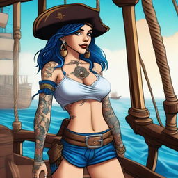 A pirate girl with blue shorts and various tattoos