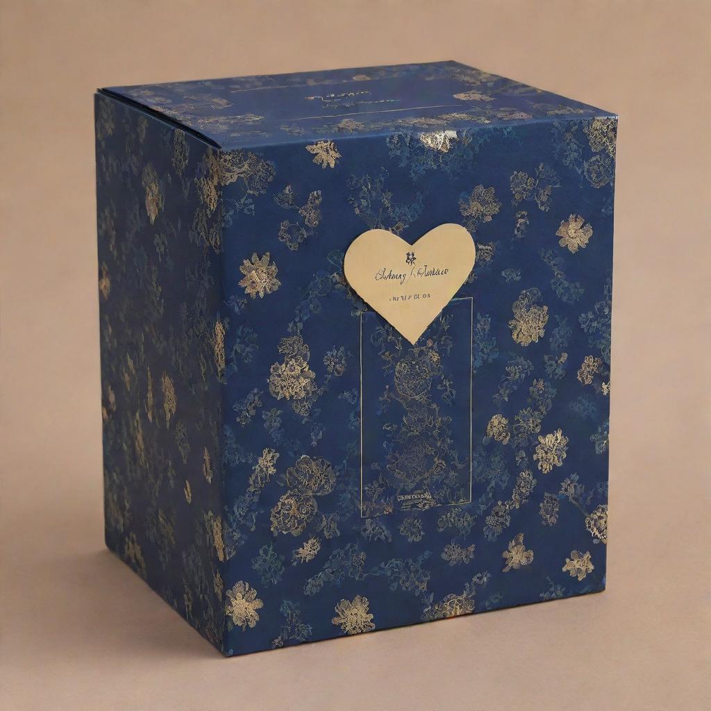 A 4k resolution packaging pattern design with a romantic theme of 'Blue Lady' concept, reimagined as unisex, featuring a couple. The primary color is navy blue enhanced with sophisticated golden accents.