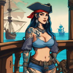 A pirate girl with blue shorts and various tattoos