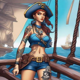 A pirate girl with blue shorts and various tattoos