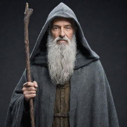 Generate an image of a fictional character known as 'Greybeard'. He should be an old, wise man with long, flowing grey beard, wearing a cloak, and holding a staff.