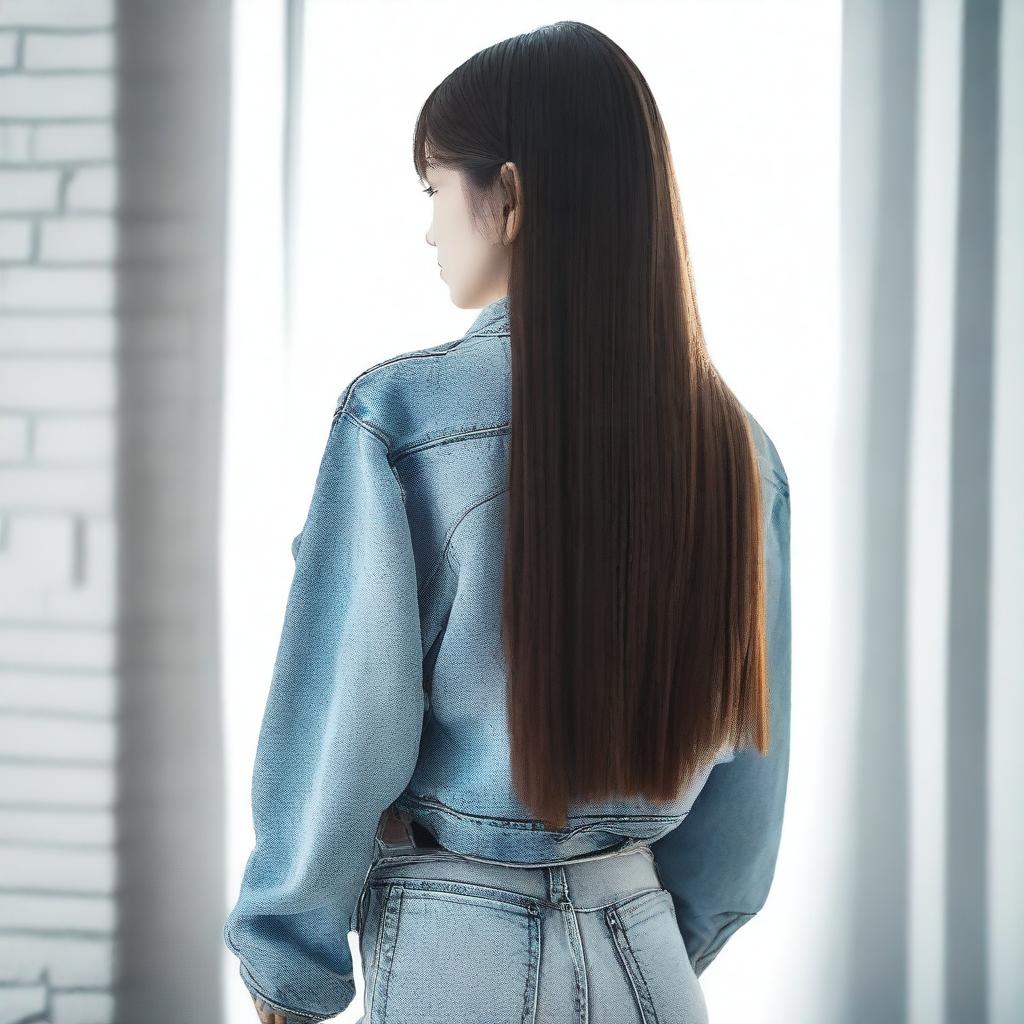 Create an image of a petite woman with medium long hair, shown from the back