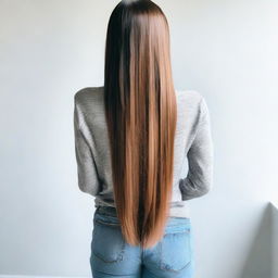 Create an image of a petite woman with medium long hair, shown from the back