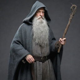 Generate an image of a fictional character known as 'Greybeard'. He should be an old, wise man with long, flowing grey beard, wearing a cloak, and holding a staff.