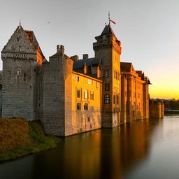 A majestic, medieval castle with hulking stone walls, turrets piercing the sky, surrounded by a serene moat under the pure, shimmering light of the midday sun.