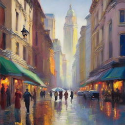 Create an impressionist painting of a bustling cityscape, capturing the vibrant energy of the city with dynamic brushstrokes and a rich palette of colors