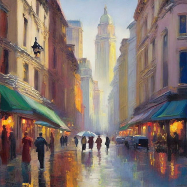 Create an impressionist painting of a bustling cityscape, capturing the vibrant energy of the city with dynamic brushstrokes and a rich palette of colors