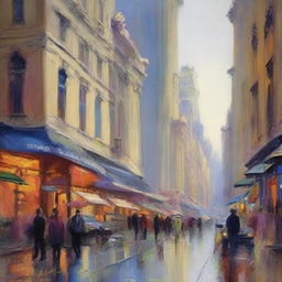 Create an impressionist painting of a bustling cityscape, capturing the vibrant energy of the city with dynamic brushstrokes and a rich palette of colors