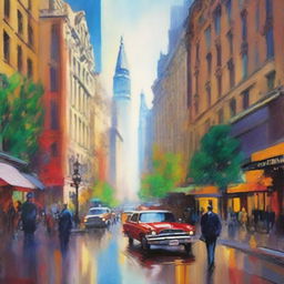 Create an impressionist painting of a bustling cityscape, capturing the vibrant energy of the city with dynamic brushstrokes and a rich palette of colors