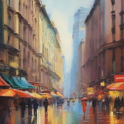 Create an impressionist painting of a bustling cityscape, capturing the vibrant energy of the city with dynamic brushstrokes and a rich palette of colors