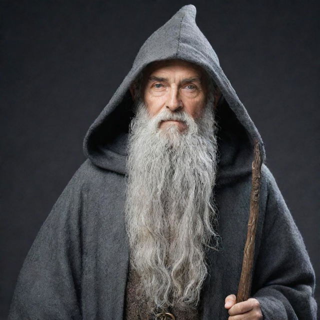 Generate an image of a fictional character known as 'Greybeard'. He should be an old, wise man with long, flowing grey beard, wearing a cloak, and holding a staff.