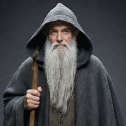 Generate an image of a fictional character known as 'Greybeard'. He should be an old, wise man with long, flowing grey beard, wearing a cloak, and holding a staff.