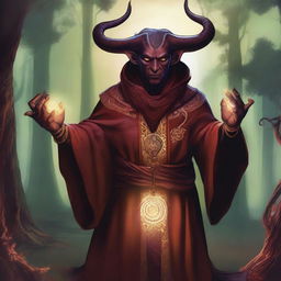 A detailed illustration of a male tiefling sorcerer