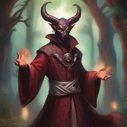 A detailed illustration of a male tiefling sorcerer