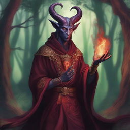 A detailed illustration of a male tiefling sorcerer