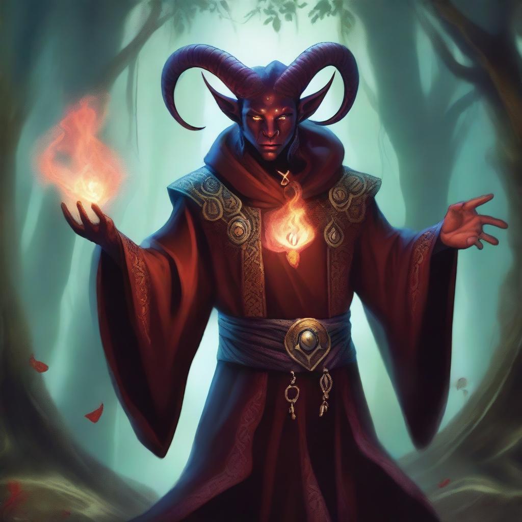 A detailed illustration of a male tiefling sorcerer