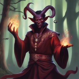 A detailed illustration of a male tiefling sorcerer