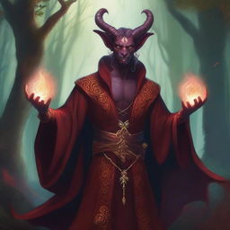 A detailed illustration of a male tiefling sorcerer