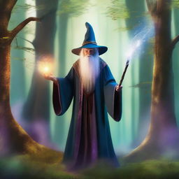 A mystical scene featuring a powerful wizard casting a spell in an enchanted forest