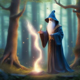 A mystical scene featuring a powerful wizard casting a spell in an enchanted forest