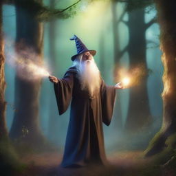 A mystical scene featuring a powerful wizard casting a spell in an enchanted forest