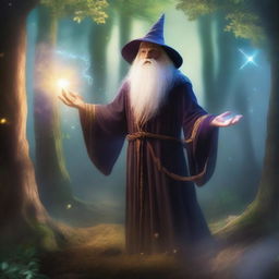 A mystical scene featuring a powerful wizard casting a spell in an enchanted forest