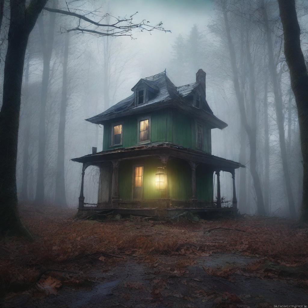 Create a book cover featuring an old abandoned house in the forest