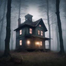 Create a book cover featuring an old abandoned house in the forest