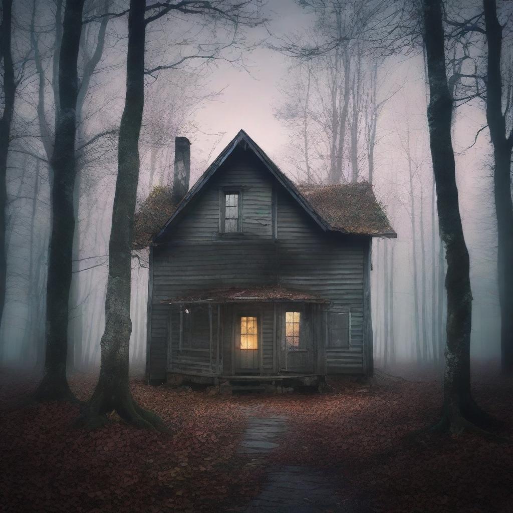 Create a book cover featuring an old abandoned house in the forest