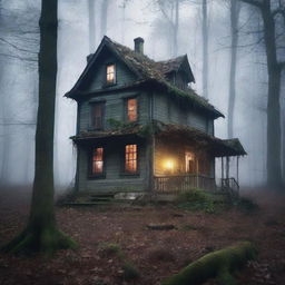 Create a book cover featuring an old abandoned house in the forest