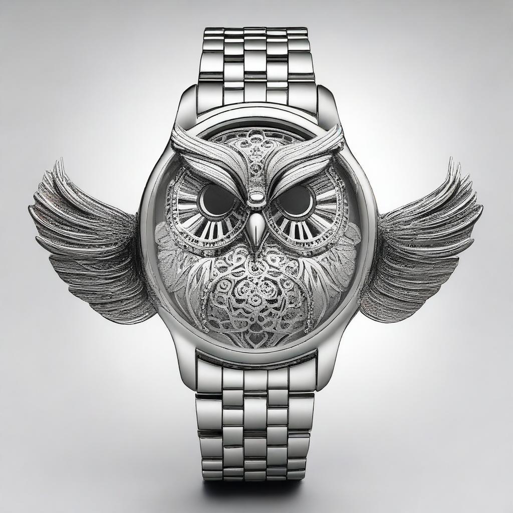 Create a detailed design of a wristwatch with the face shaped like an owl