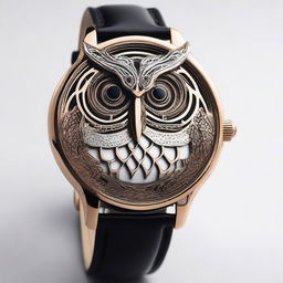 Create a detailed design of a wristwatch with the face shaped like an owl