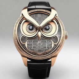 Create a detailed design of a wristwatch with the face shaped like an owl