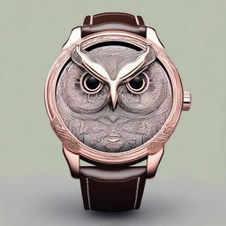 Create a detailed design of a wristwatch with the face shaped like an owl