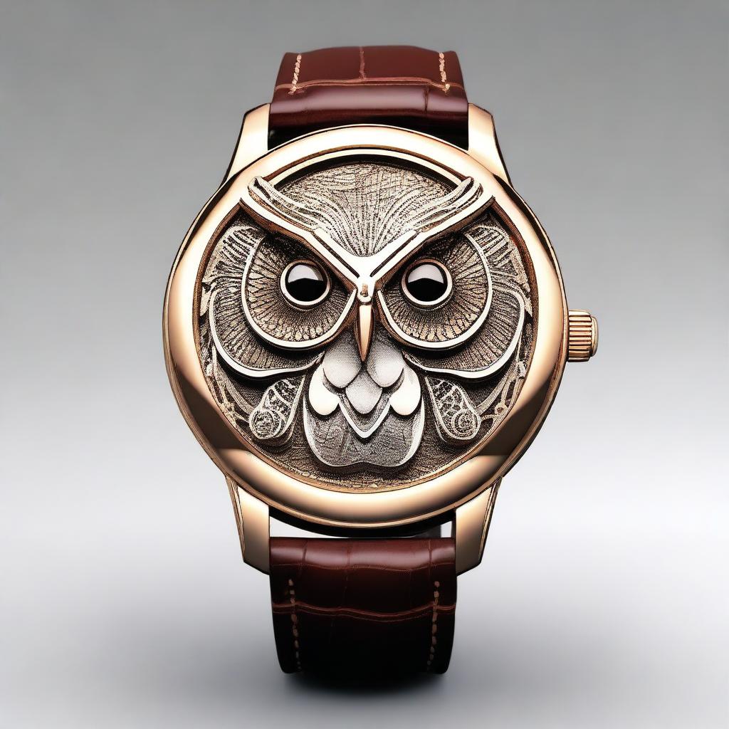 Create a design of a wristwatch where the entire shape of the watch is modeled after an owl