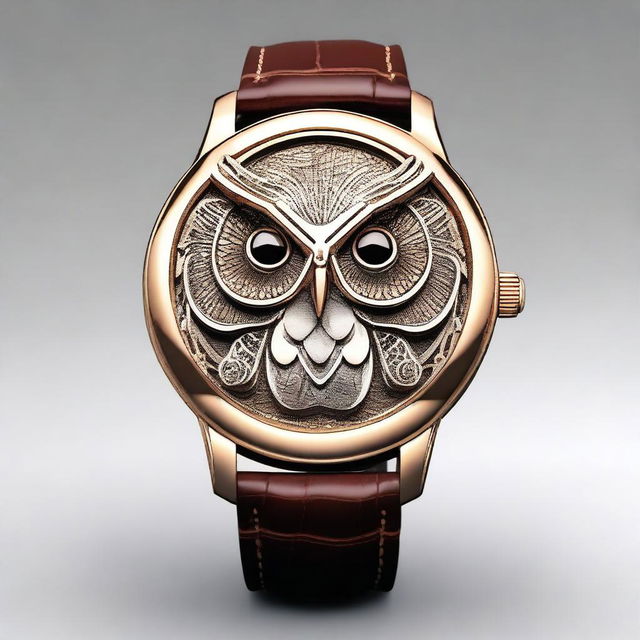 Create a design of a wristwatch where the entire shape of the watch is modeled after an owl