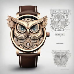 Create a design of a wristwatch where the entire shape of the watch is modeled after an owl